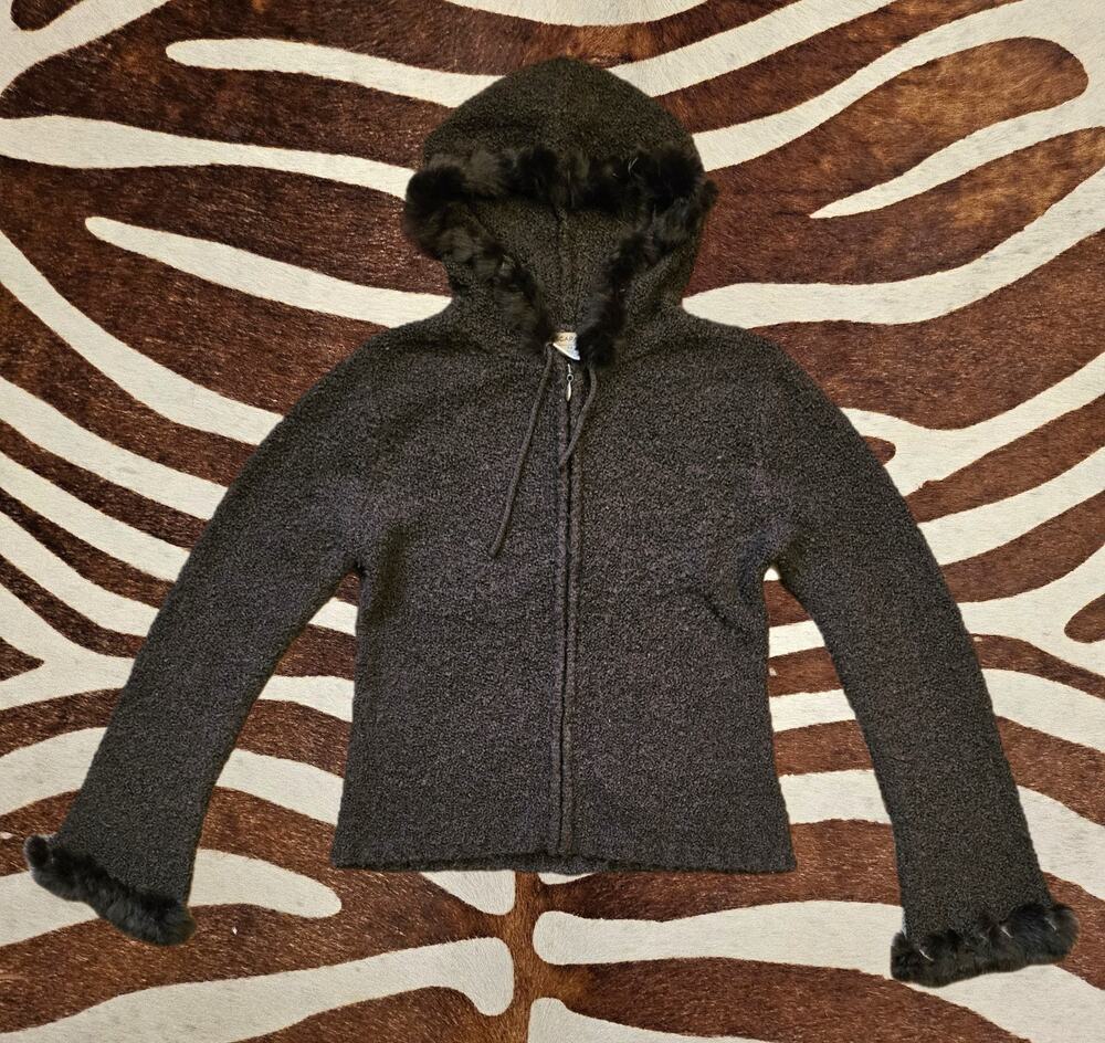 Vintage Y2K ESCAPADE Zip-up WOOL BLEND Hoodie Rabbit Fur Trim Sz M